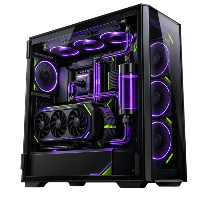 PC enthusiast La Bestia con iluminación violeta y circuito de refrigeración personalizado